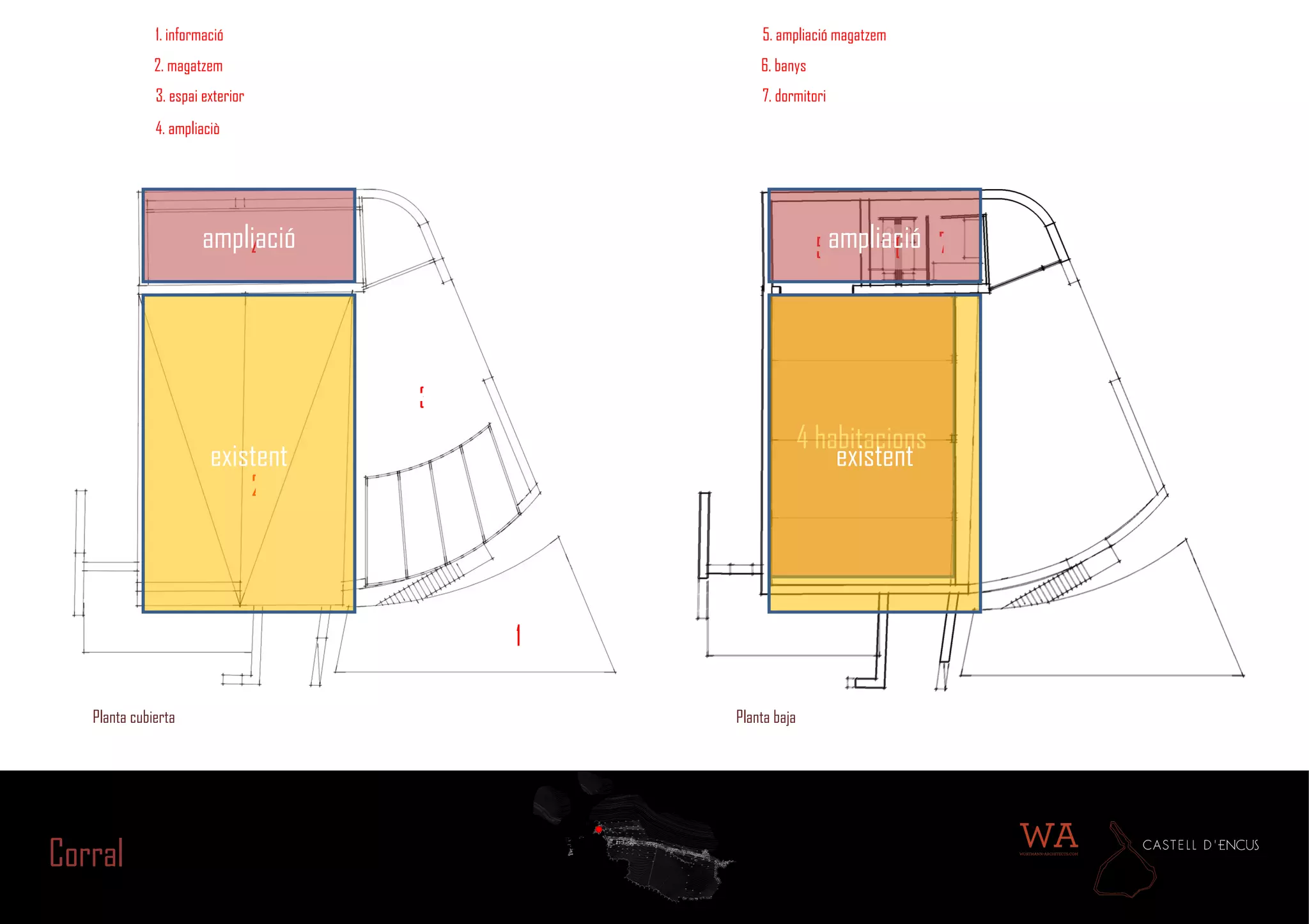 4 habitacions existent Planta cubierta Planta baja 1 2 3 1.  informació 2. magatzem 3. espai exterior 4 4. ampliaciò 5.  ampliació magatzem 6. banys 7. dormitori 5 6 7 ampliació existent ampliació Corral 