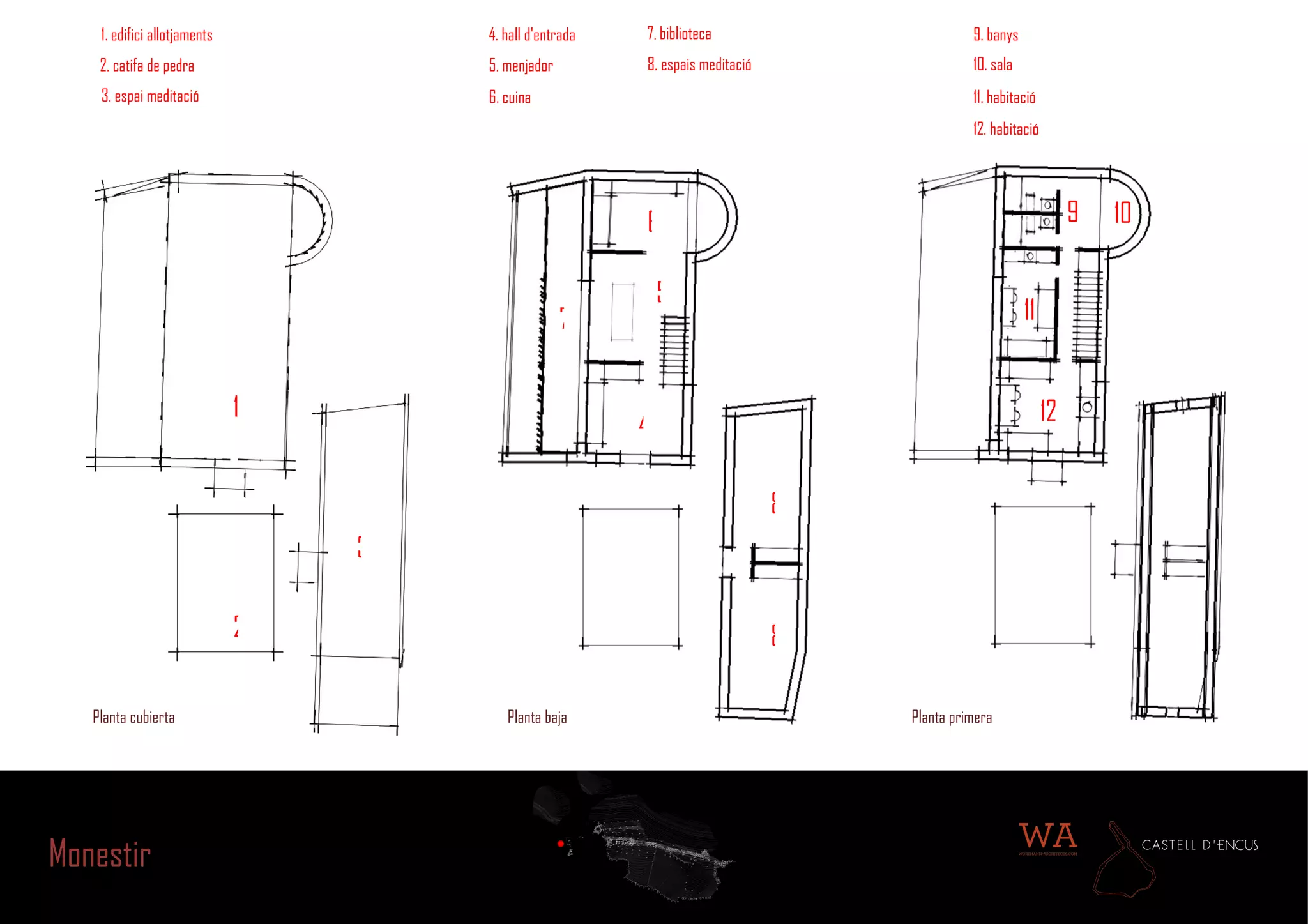 Planta cubierta Planta baja Planta primera 1 2 3 7 6 5 4 8 8 9 10 11 12 1.  edifici allotjaments 2. catifa de pedra 4.  hall d'entrada 5.  menjador 6. cuina  7.  biblioteca 8. espais meditació 9.  banys 10. sala 11. habitació 12. habitació 3. espai meditació Monestir 