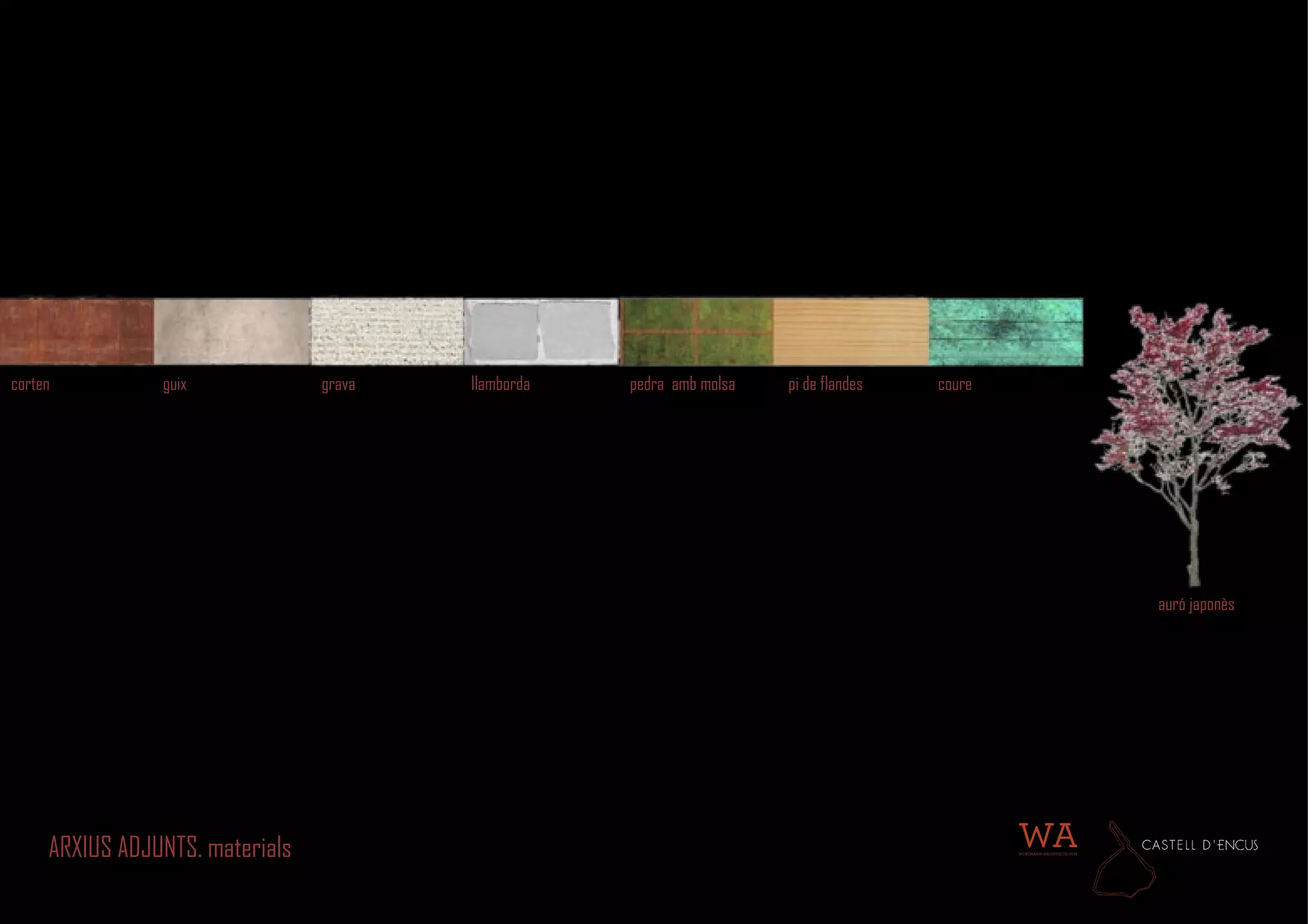 ARXIUS ADJUNTS. materials corten guix grava  llamborda pedra  amb molsa pi de flandes  coure auró japonès 