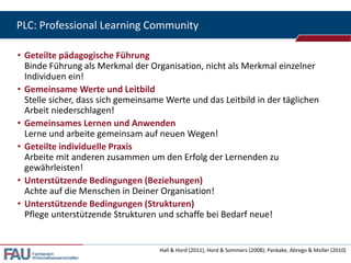 PLC: Professional Learning Community

• Geteilte pädagogische Führung
  Binde Führung als Merkmal der Organisation, nicht als Merkmal einzelner
  Individuen ein!
• Gemeinsame Werte und Leitbild
  Stelle sicher, dass sich gemeinsame Werte und das Leitbild in der täglichen
  Arbeit niederschlagen!
• Gemeinsames Lernen und Anwenden
  Lerne und arbeite gemeinsam auf neuen Wegen!
• Geteilte individuelle Praxis
  Arbeite mit anderen zusammen um den Erfolg der Lernenden zu
  gewährleisten!
• Unterstützende Bedingungen (Beziehungen)
  Achte auf die Menschen in Deiner Organisation!
• Unterstützende Bedingungen (Strukturen)
  Pflege unterstützende Strukturen und schaffe bei Bedarf neue!


                                    Hall & Hord (2011), Hord & Sommers (2008); Pankake, Abrego & Moller (2010)
   Fachbereich
   Wirtschaftswissenschaften
 
