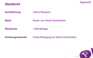 30.01.201524
Steckbrief
Durchführung Yahoo! Research
Basis Nutzer von Yahoo! Deutschland
Stichprobe 1.628 Befragte
Erhebungsmethode Onsite-Befragung auf Yahoo! Deutschland
 