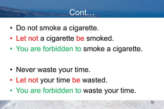 Cont…
• Do not smoke a cigarette.
• Let not a cigarette be smoked.
• You are forbidden to smoke a cigarette.
• Never waste your time.
• Let not your time be wasted.
• You are forbidden to waste your time.
32
 