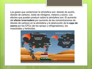 Los gases que contaminan la atmósfera son: dióxido de azufre,
dióxido de carbono, óxido de nitrógeno, metano y ozono. Los
efectos que pueden producir sobre la atmósfera son: El aumento
del efecto invernadero por aumento de las concentraciones de
dióxido de carbono en la atmósfera y la destrucción de la capa de
ozono por los CFCs (de los sprays y refrigeradores), los
insecticidas y herbicidas.
 