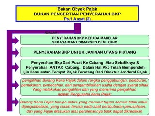Bukan Obyek Pajak
       BUKAN PENGERTIAN PENYERAHAN BKP
                        Ps.1 A ayat (2)


             ADALAH :
                 PENYERAHAN BKP KEPADA MAKELAR
                 SEBAGAIMANA DIMAKSUD DLM KUHD

       PENYERAHAN BKP UNTUK JAMINAN UTANG PIUTANG

       Penyerahan Bkp Dari Pusat Ke Cabang Atau Sebaliknya &
   Penyerahan ANTAR Cabang, Dalam Hal Pkp Telah Memperoleh
 Ijin Pemusatan Tempat Pajak Terutang Dari Direktur Jenderal Pajak

pengalihan Barang Kena Pajak dalam rangka penggabungan, peleburan,
pemekaran, pemecahan, dan pengambilalihan usaha dengan syarat pihak
     Yang melakukan pengalihan dan yang menerima pengalihan
                   adalah Pengusaha Kena Pajak;

Barang Kena Pajak berupa aktiva yang menurut tujuan semula tidak untuk
 diperjualbelikan, yang masih tersisa pada saat pembubaran perusahaan,
    dan yang Pajak Masukan atas perolehannya tidak dapat dikreditkan
 
