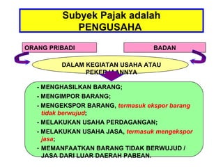 Subyek Pajak adalah
             PENGUSAHA
ORANG PRIBADI                      BADAN

         DALAM KEGIATAN USAHA ATAU
               PEKERJAANNYA

   - MENGHASILKAN BARANG;
   - MENGIMPOR BARANG;
   - MENGEKSPOR BARANG, termasuk ekspor barang
     tidak berwujud;
   - MELAKUKAN USAHA PERDAGANGAN;
   - MELAKUKAN USAHA JASA, termasuk mengekspor
     jasa;
   - MEMANFAATKAN BARANG TIDAK BERWUJUD /
     JASA DARI LUAR DAERAH PABEAN.
 