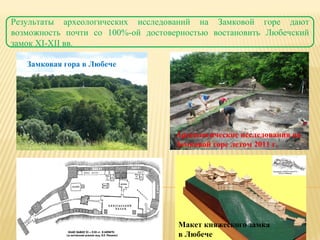 Результаты археологических исследований на Замковой горе дают возможность почти со 100%-ой достоверностью востановить Любечский замок  XI-XII  вв. Замковая гора в Любече   Археологические исследования на  Замковой горе летом 2011 г.  Макет княжеского замка  в Любече  