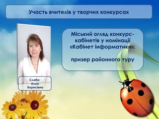 Участь вчителів у творчих конкурсах
Міський огляд конкурс-
кабінетів у номінації
«Кабінет інформатики»:
призер районного туру
Слаба
Алла
Борисівна
 