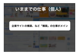 いままでの仕事（個人）


企業サイトの構築、など「構築」の仕事がメイン
 