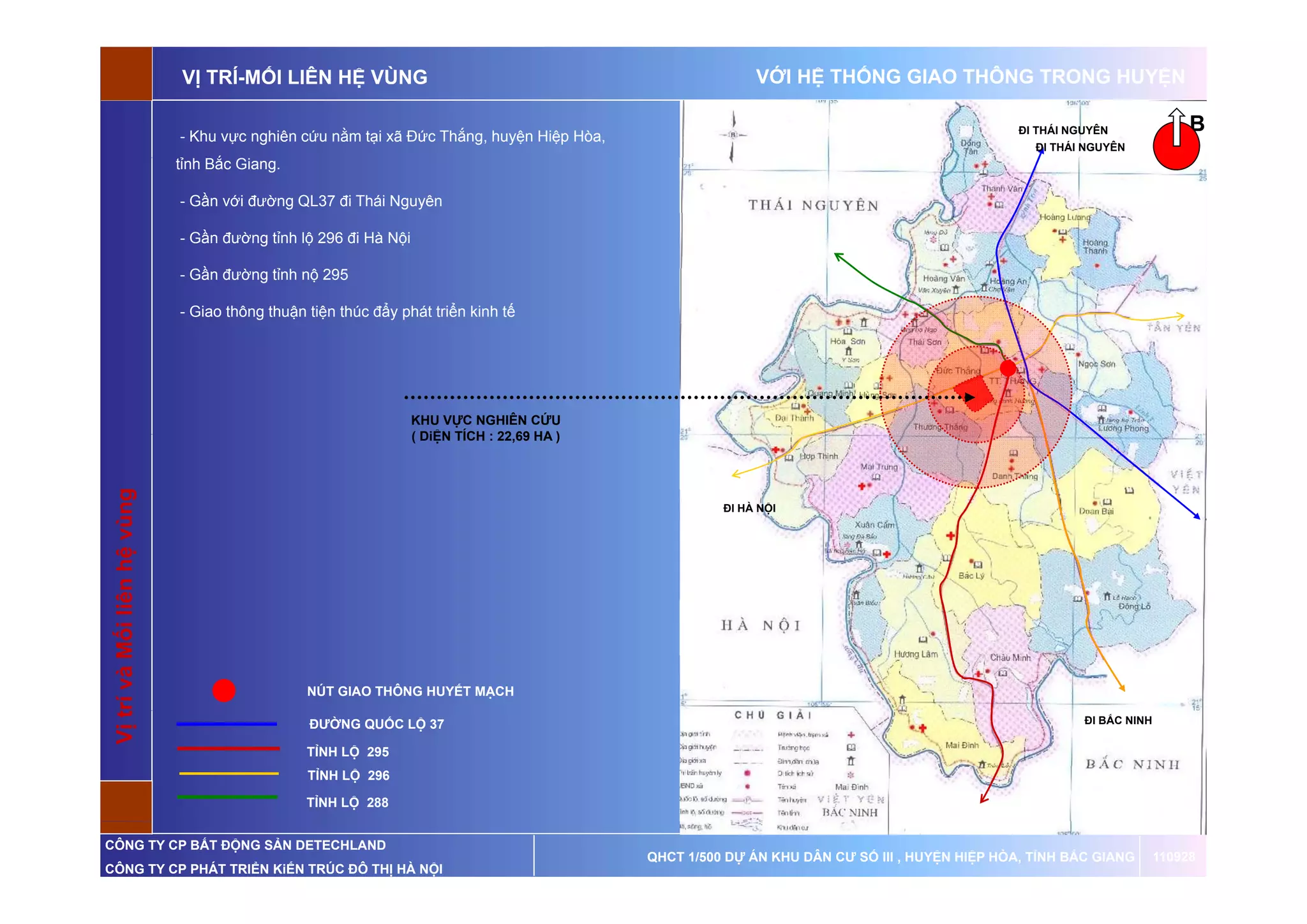 VỊ TRÍ-MỐI LIÊN HỆ VÙNG                                                       VỚI HỆ THỐNG GIAO THÔNG TRONG HUYỆN

                            - Khu vực nghiên cứu nằm tại xã Đức Thắng, huyện Hiệp Hòa,                                                        ĐI THÁI NGUYÊN               B
                                                                                                                                                ĐI THÁI NGUYÊN
                            tỉnh Bắc Giang.
                             ỉ    ắ

                            - Gần với đường QL37 đi Thái Nguyên

                            - Gần đường tỉnh lộ 296 đi Hà Nội

                            - Gần đường tỉnh nộ 295
                               ầ         ỉ

                            - Giao thông thuận tiện thúc đẩy phát triển kinh tế




                                                                KHU VỰC NGHIÊN CỨU
                                                                ( DiỆN TÍCH : 22 69 HA )
                                                                              22,69
Vị trí và Mối liê hệ vùng
                        g




                                                                                                     ĐI HÀ NỘI
          M     ên




                                               NÚT GIAO THÔNG HUYẾT MẠCH
   t




                                               ĐƯỜNG QUỐC LỘ 37                                                                                         ĐI BẮC NINH

                                               TỈNH LỘ 295
                                               TỈNH LỘ 296

                                               TỈNH LỘ 288


CÔNG TY CP BẤT ĐỘNG SẢN DETECHLAND
                                                                                           QHCT 1/500 DỰ ÁN KHU DÂN CƯ SỐ III , HUYỆN HIỆP HÒA, TỈNH BẮC GIANG        110928
CÔNG TY CP PHÁT TRIỂN KiẾN TRÚC ĐÔ THỊ HÀ NỘI
 