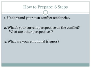 How to Prepare: 6 Steps

1. Understand your own conflict tendencies.

2. What’s your current perspective on the conflict?
   What are other perspectives?

3. What are your emotional triggers?
 
