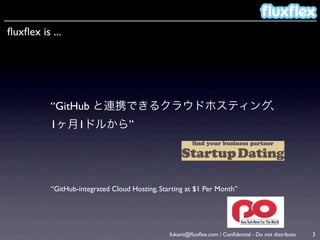 ﬂuxﬂex is ...




          “GitHub と連携できるクラウドホスティング、
          1ヶ月1ドルから”




          “GitHub-integrated Cloud Hosting, Starting at $1 Per Month”




                                               fukami@ﬂuxﬂex.com / Conﬁdential - Do not distribute   3
 