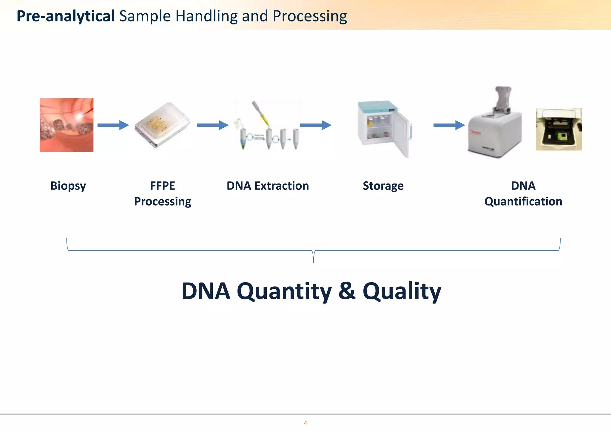 Pre-analytical Sample Handling and Processing 
Biopsy DNA 
4 
Quantification 
DNA Extraction Storage 
DNA Quantity & Quality 
FFPE 
Processing 
 