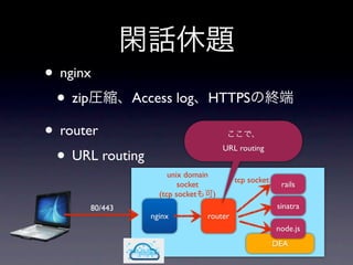 • nginx
 • zip      Access log        HTTPS

• router
 • URL routing
                                    URL routing


                    unix domain
                                       tcp socket
                       socket                        rails
                 (tcp socket    )
      80/443                                        sinatra
               nginx          router
                                                    node.js
                                                    DEA
 