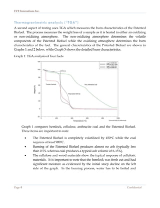 EVE Innovations Inc.



Thermogravimetric analysis (“TGA”)
A second aspect of testing uses TGA which measures the burn characteristics of the Patented
Biofuel. The process measures the weight loss of a sample as it is heated in either an oxidizing
or non-oxidizing atmosphere. The non-oxidizing atmosphere determines the volatile
components of the Patented Biofuel while the oxidizing atmosphere determines the burn
characteristics of the fuel. The general characteristics of the Patented Biofuel are shown in
Graphs 1 and 2 below, while Graph 3 shows the detailed burn characteristics.

Graph 1: TGA analysis of four fuels




     Graph 1 compares hemlock, cellulose, anthracite coal and the Patented Biofuel.
     Three items are important to note:

             The Patented Biofuel is completely volatilized by 450oC while the coal
              requires at least 900oC.
             Burning of the Patented Biofuel produces almost no ash (typically less
              than 0.5% whereas coal produces a typical ash volume of 6-15%).
             The cellulose and wood materials show the typical response of cellulosic
              materials. It is important to note that the hemlock was fresh cut and had
              significant moisture as evidenced by the initial steep decline on the left
              side of the graph. In the burning process, water has to be boiled and




Page 4                                                                            Confidential
 