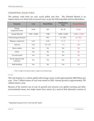 EVE Innovations Inc.



COMPETING SOLID FUELS
The primary solid fuels are coal, wood pellets and char. The Patented Biofuel is an
improvement over these fuels in several ways, as per the following table and text that follows.
                                                                                   Torrification /
          Parameter                       Coal                  Wood Pellets                         Patented Biofuel
                                                                                       Char

           Energy
                                          18-30                       18.5             20 - 25            27-302
      (Gigajoule/tonne)

       Energy (Btu/lb)               7,700 – 13,000                  7,900         8,500 – 11,000     12,000 – 13,100

Yield during production*                                              99%            15 – 40%            65 - 70%

     Moisture content (%)                  6-15                       8-10              2–3                 4

           Ash (%)                         6-15                    0.3 – 0.7            <1                 <0.5

        Heavy metals                       Yes                        No                No                 No

            Sulfur                         Yes                        No                No                 No

       Tar and creosol                     Yes                        Yes               No                 No

     Fire & explosion risk
                                           Yes                        Yes               No                 No
           with fines

        Bulk handling                      Yes                        No                Yes                Yes



          * Yield = weight of dry biofuel output / weight of dry feedstock input


Coal
The coal industry is a critical, global solid energy source worth approximately $400 billion per
year. Over 7 billion tonnes of coal were mined in 2010. Annual growth is approximately 350
million tonnes a year.

Because of the massive use of coal, its growth and concerns over global warming and other
environmental issues, two major issues have arisen: (i) a need to find alternative sources of




2
    Independent testing by Power Tech Labs (BC Hydro)



Page 8                                                                                                 Confidential
 