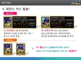 4. 레전드 카드 활용!
 필수카드 !




11 모어랜드 1B 를 대신하여            11 크루즈 RF 보다 모든 면에서
폭발적인 타선을 유지해 주는 카드 !         높은 능력치를 보유 ! DH포지션에서
반드시 타선에 투입 ~                 경기중 날씨에 맞게 수비교체를 해 주자 ~

 선택카드 !   ……………………….……………………………………………….……………………….…………………………



                         11 윌슨으로 선발활용에 부족이 없으니
                         레전드 타자 카드를 활용하는 것이 보다      효율적 !
 
