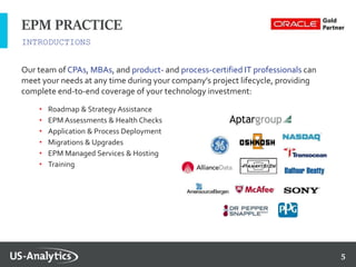 5
INTRODUCTIONS
EPM PRACTICE
Our team of CPAs, MBAs, and product- and process-certified IT professionals can
meet your needs at any time during your company’s project lifecycle, providing
complete end-to-end coverage of your technology investment:
• Roadmap & Strategy Assistance
• EPM Assessments & Health Checks
• Application & Process Deployment
• Migrations & Upgrades
• EPM Managed Services & Hosting
• Training
 