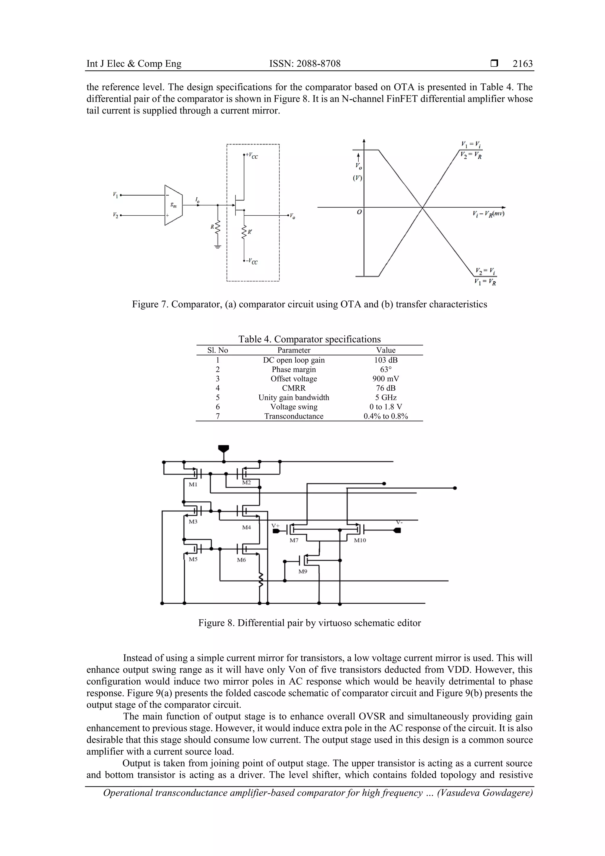 Int J Elec & Comp Eng ISSN: 2088-8708 
Operational transconductance amplifier-based comparator for high frequency … (Vasudeva Gowdagere)
2163
the reference level. The design specifications for the comparator based on OTA is presented in Table 4. The
differential pair of the comparator is shown in Figure 8. It is an N-channel FinFET differential amplifier whose
tail current is supplied through a current mirror.
Figure 7. Comparator, (a) comparator circuit using OTA and (b) transfer characteristics
Table 4. Comparator specifications
Sl. No Parameter Value
1 DC open loop gain 103 dB
2 Phase margin 63°
3 Offset voltage 900 mV
4 CMRR 76 dB
5 Unity gain bandwidth 5 GHz
6 Voltage swing 0 to 1.8 V
7 Transconductance 0.4% to 0.8%
Figure 8. Differential pair by virtuoso schematic editor
Instead of using a simple current mirror for transistors, a low voltage current mirror is used. This will
enhance output swing range as it will have only Von of five transistors deducted from VDD. However, this
configuration would induce two mirror poles in AC response which would be heavily detrimental to phase
response. Figure 9(a) presents the folded cascode schematic of comparator circuit and Figure 9(b) presents the
output stage of the comparator circuit.
The main function of output stage is to enhance overall OVSR and simultaneously providing gain
enhancement to previous stage. However, it would induce extra pole in the AC response of the circuit. It is also
desirable that this stage should consume low current. The output stage used in this design is a common source
amplifier with a current source load.
Output is taken from joining point of output stage. The upper transistor is acting as a current source
and bottom transistor is acting as a driver. The level shifter, which contains folded topology and resistive
 