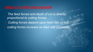 RESULTS AND DISCUSSION
 The feed forces and depth of cut is directly
proportional to cutting forces.
 Cutting forces depend upon feed rate of tool
 cutting forces increase as feed rate increases.
 