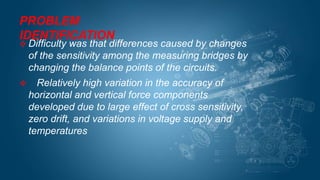 PROBLEM
IDENTIFICATION
 Difficulty was that differences caused by changes
of the sensitivity among the measuring bridges by
changing the balance points of the circuits.
 Relatively high variation in the accuracy of
horizontal and vertical force components
developed due to large effect of cross sensitivity,
zero drift, and variations in voltage supply and
temperatures
 