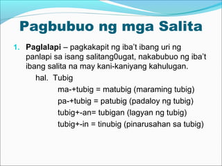 Pagbubuo ng mga Salita
1. Paglalapi – pagkakapit ng iba’t ibang uri ng
panlapi sa isang salitang0ugat, nakabubuo ng iba’t
ibang salita na may kani-kaniyang kahulugan.
hal. Tubig
ma-+tubig = matubig (maraming tubig)
pa-+tubig = patubig (padaloy ng tubig)
tubig+-an= tubigan (lagyan ng tubig)
tubig+-in = tinubig (pinarusahan sa tubig)
 