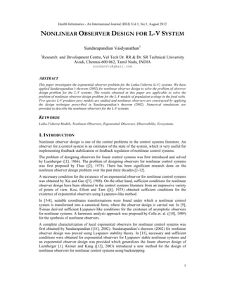 NONLINEAR OBSERVER DESIGN FOR L-V SYSTEM | PDF