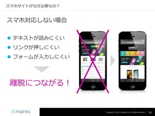 スマホサイトがなぜ必要なの？

スマホ対応しない場合
 テキストが読みにくい
 リンクが押しにくい
 フォームが入力しにくい

離脱につながる！

Copyright © 2013 Climarks Inc. All Rights Reserved.

20

 