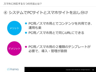 スマホに対応する５つの方法とは？

④ システムでPCサイトとスマホサイトを出し分け

メリット

 PC用／スマホ用とでコンテンツを共用でき、
運用も楽
 PC用／スマホ用とで同じURLにできる

デメリット

 PC用／スマホ用の２種類のテンプレートが
必要で、導入・管理が面倒

Copyright © 2013 Climarks Inc. All Rights Reserved.

35

 