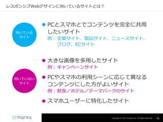 レスポンシブWebデザインに向いているサイトとは？

向いている
サイト

 PCとスマホとでコンテンツを完全に共用
したいサイト
例： 企業サイト、製品サイト、ニュースサイト、
ブログ、ECサイト

 大きな画像を多用したサイト
例： キャンペーンサイト
向いていない
サイト

 PCやスマホの利用シーンに応じて異なる
コンテンツにした方がよいサイト
例： 飲食／ホテル／テーマパークのサイト

 スマホユーザーに特化したサイト
Copyright © 2013 Climarks Inc. All Rights Reserved.

54

 