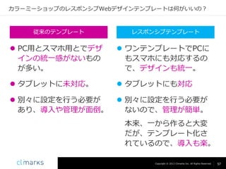 カラーミーショップのレスポンシブWebデザインテンプレートは何がいいの？

従来のテンプレート

レスポンシブテンプレート

 PC用とスマホ用とでデザ
インの統一感がないもの
が多い。

 ワンテンプレートでPCに
もスマホにも対応するの
で、デザインも統一。

 タブレットに未対応。

 タブレットにも対応

 別々に設定を行う必要が
あり、導入や管理が面倒。

 別々に設定を行う必要が
ないので、管理が簡単。
本来、一から作ると大変
だが、テンプレート化さ
れているので、導入も楽。
Copyright © 2013 Climarks Inc. All Rights Reserved.

57

 