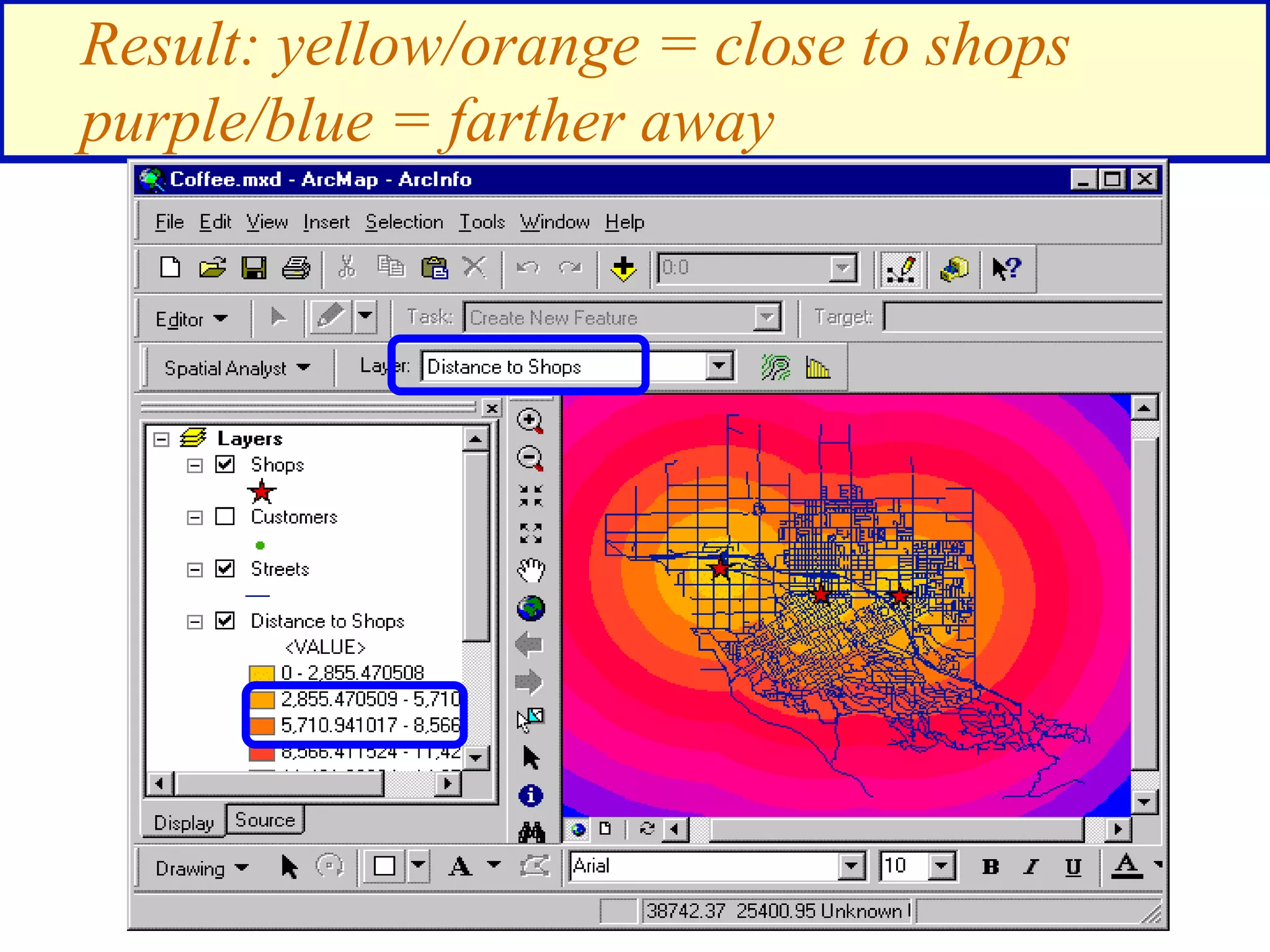 Result: yellow/orange = close to shops
purple/blue = farther away
 