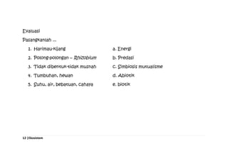 12 |Ekosistem
Evaluasi
Pasangkanlah ...
1. Harimau-kijang a. Energi
2. Polong-polongan – Rhizobium b. Predasi
3. Tidak dibentuk-tidak musnah c. Simbiosis mutualisme
4. Tumbuhan, hewan d. Abiotik
5. Suhu, air, bebatuan, cahaya e. biotik
 