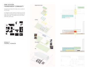 FIRE STATION:
TRANSPARENT COMMUNITY
Transparent and inviting, this ﬁre station acts as a symbol of
the community.

It is designed to provide residents an intimate view of the ﬁre
house, while encouraging the public to take advantage of its
integral public plazas. This building sits as a proud symbol
nested with a public space.




SPRING 07:
VENDRELL, ROBINSON
 