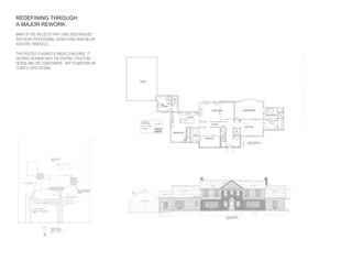 REDEFINING THROUGH
A MAJOR REWORK
MANY OF THE PROJECTS THAT I HAVE BEEN INVOLVED
WITH IN MY PROFESSIONAL CAREER HAVE BEEN MAJOR
ADDITION / REMODELS.

THIS PROCESS IS ALWAYS A UNIQUE CHALLENGE. IT
REQUIRES WORKING WITH THE EXISTING STRUCTURE,
DESIGN, AND SITE CONSTRAINTS - NOT TO MENTION THE
CLIENT’S EXPECTATIONS.
 