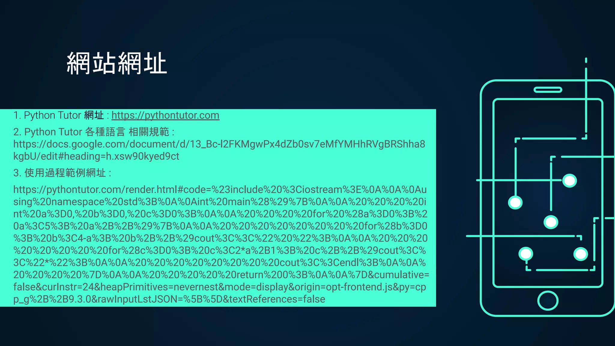 1. Python Tutor 網址 : https://pythontutor.com
2. Python Tutor 各種語言 相關規範 :
https://docs.google.com/document/d/13_Bc-l2FKMgwPx4dZb0sv7eMfYMHhRVgBRShha8
kgbU/edit#heading=h.xsw90kyed9ct
3. 使用過程範例網址 :
https://pythontutor.com/render.html#code=%23include%20%3Ciostream%3E%0A%0A%0Au
sing%20namespace%20std%3B%0A%0Aint%20main%28%29%7B%0A%0A%20%20%20%20i
nt%20a%3D0,%20b%3D0,%20c%3D0%3B%0A%0A%20%20%20%20for%20%28a%3D0%3B%2
0a%3C5%3B%20a%2B%2B%29%7B%0A%0A%20%20%20%20%20%20%20%20for%28b%3D0
%3B%20b%3C4-a%3B%20b%2B%2B%29cout%3C%3C%22%20%22%3B%0A%0A%20%20%20
%20%20%20%20%20for%28c%3D0%3B%20c%3C2*a%2B1%3B%20c%2B%2B%29cout%3C%
3C%22*%22%3B%0A%0A%20%20%20%20%20%20%20%20cout%3C%3Cendl%3B%0A%0A%
20%20%20%20%7D%0A%0A%20%20%20%20%20return%200%3B%0A%0A%7D&cumulative=
false&curInstr=24&heapPrimitives=nevernest&mode=display&origin=opt-frontend.js&py=cp
p_g%2B%2B9.3.0&rawInputLstJSON=%5B%5D&textReferences=false
網站網址
 