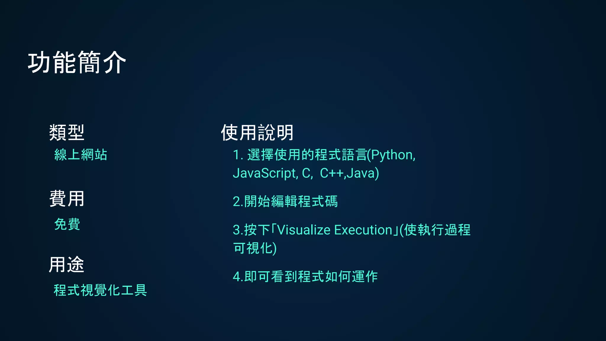 功能簡介
1. 選擇使用的程式語言(Python,
JavaScript, C, C++,Java)
2.開始編輯程式碼
3.按下「Visualize Execution」(使執行過程
可視化)
4.即可看到程式如何運作
線上網站
類型 使用說明
免費
費用
程式視覺化工具
用途
 