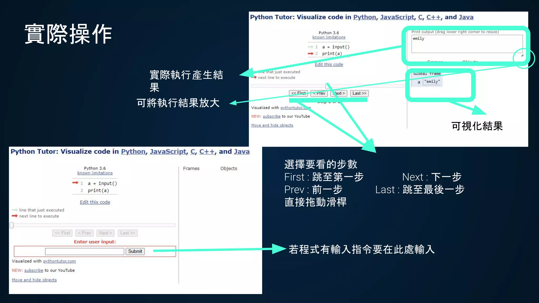 實際操作
若程式有輸入指令要在此處輸入
選擇要看的步數
First : 跳至第一步 Next : 下一步
Prev : 前一步 Last : 跳至最後一步
直接拖動滑桿
實際執行產生結
果
可將執行結果放大
可視化結果
 