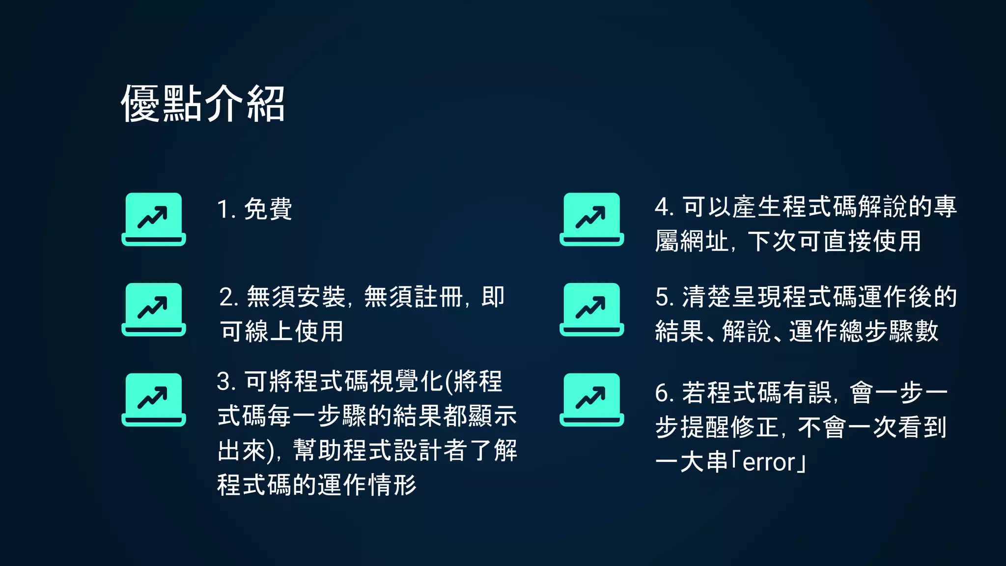1. 免費
優點介紹
2. 無須安裝，無須註冊，即
可線上使用
3. 可將程式碼視覺化(將程
式碼每一步驟的結果都顯示
出來)，幫助程式設計者了解
程式碼的運作情形
4. 可以產生程式碼解說的專
屬網址，下次可直接使用
5. 清楚呈現程式碼運作後的
結果、解說、運作總步驟數
6. 若程式碼有誤，會一步一
步提醒修正，不會一次看到
一大串「error」
 
