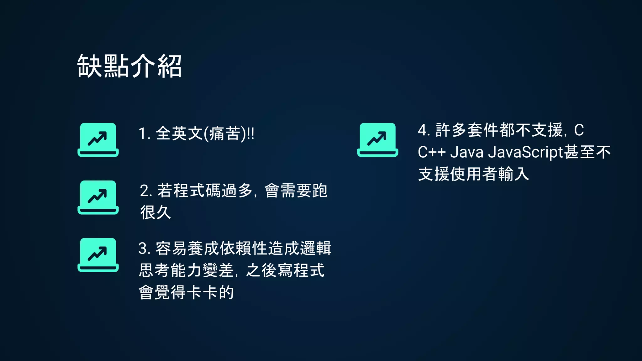 1. 全英文(痛苦)!!
缺點介紹
2. 若程式碼過多，會需要跑
很久
3. 容易養成依賴性造成邏輯
思考能力變差，之後寫程式
會覺得卡卡的
4. 許多套件都不支援，C
C++ Java JavaScript甚至不
支援使用者輸入
 