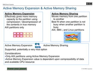 © 2010 IBM Corporation
IBM Power Systems
Active Memory Expansion & Active Memory Sharing
Active Memory Expansion
Effectively gives more memory
capacity to the partition using
compression / decompression of
the contents in true memory
AIX partitions only
Active Memory Sharing
Moves memory from one partition
to another
Best fit when one partition is not
busy when another partition is
busy
AXI, IBM i, and Linux partitions
Active Memory Expansion Active Memory Sharing
Supported, potentially a very nice option
Considerations
Only AIX partitions using Active Memory Expansion
Active Memory Expansion value is dependent upon compressibility of data
and available CPU resource
0
5
10
15
#10
#9
#8
#7
#6
#5
#4
#3
#2
#1
 