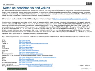 © 2010 IBM Corporation
IBM Power Systems
The IBM benchmarks results shown herein were derived using particular, well configured, development-level and generally-available computer systems.
Buyers should consult other sources of information to evaluate the performance of systems they are considering buying and should consider conducting
application oriented testing. For additional information about the benchmarks, values and systems tested, contact your local IBM office or IBM authorized
reseller or access the Web site of the benchmark consortium or benchmark vendor.
IBM benchmark results can be found in the IBM Power Systems Performance Report at http://www.ibm.com/systems/p/hardware/system_perf.html .
All performance measurements were made with AIX or AIX 5L operating systems unless otherwise indicated to have used Linux. For new and upgraded
systems, AIX Version 4.3, AIX 5L or AIX 6 were used. All other systems used previous versions of AIX. The SPEC CPU2006, SPEC2000, LINPACK, and
Technical Computing benchmarks were compiled using IBM's high performance C, C++, and FORTRAN compilers for AIX 5L and Linux. For new and
upgraded systems, the latest versions of these compilers were used: XL C Enterprise Edition V7.0 for AIX, XL C/C++ Enterprise Edition V7.0 for AIX, XL
FORTRAN Enterprise Edition V9.1 for AIX, XL C/C++ Advanced Edition V7.0 for Linux, and XL FORTRAN Advanced Edition V9.1 for Linux. The SPEC
CPU95 (retired in 2000) tests used preprocessors, KAP 3.2 for FORTRAN and KAP/C 1.4.2 from Kuck & Associates and VAST-2 v4.01X8 from Pacific-
Sierra Research. The preprocessors were purchased separately from these vendors. Other software packages like IBM ESSL for AIX, MASS for AIX and
Kazushige Goto’s BLAS Library for Linux were also used in some benchmarks.
For a definition/explanation of each benchmark and the full list of detailed results, visit the Web site of the benchmark consortium or benchmark vendor.
TPC http://www.tpc.org
SPEC http://www.spec.org
LINPACK http://www.netlib.org/benchmark/performance.pdf
Pro/E http://www.proe.com
GPC http://www.spec.org/gpc
VolanoMark http://www.volano.com
STREAM http://www.cs.virginia.edu/stream/
SAP http://www.sap.com/benchmark/
Oracle Applications http://www.oracle.com/apps_benchmark/
PeopleSoft - To get information on PeopleSoft benchmarks, contact PeopleSoft directly
Siebel http://www.siebel.com/crm/performance_benchmark/index.shtm
Baan http://www.ssaglobal.com
Fluent http://www.fluent.com/software/fluent/index.htm
TOP500 Supercomputers http://www.top500.org/
Ideas International http://www.ideasinternational.com/benchmark/bench.html
Storage Performance Council http://www.storageperformance.org/results
Notes on benchmarks and values
Current: 1Q 2010
 