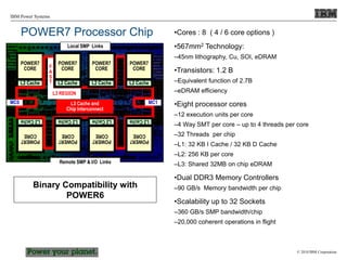 © 2010 IBM Corporation
IBM Power Systems
POWER7 Processor Chip •Cores : 8 ( 4 / 6 core options )
•567mm2 Technology:
–45nm lithography, Cu, SOI, eDRAM
•Transistors: 1.2 B
–Equivalent function of 2.7B
–eDRAM efficiency
•Eight processor cores
–12 execution units per core
–4 Way SMT per core – up to 4 threads per core
–32 Threads per chip
–L1: 32 KB I Cache / 32 KB D Cache
–L2: 256 KB per core
–L3: Shared 32MB on chip eDRAM
•Dual DDR3 Memory Controllers
–90 GB/s Memory bandwidth per chip
•Scalability up to 32 Sockets
–360 GB/s SMP bandwidth/chip
–20,000 coherent operations in flight
Binary Compatibility with
POWER6
POWER7
CORE
L2 Cache
POWER7
CORE
L2
Cache
POWER7
CORE
L2 Cache
POWER7
CORE
L2
Cache
POWER7
CORE
L2 Cache
POWER7
CORE
L2
Cache
POWER7
CORE
L2 Cache
POWER7
CORE
L2
Cache
L3 Cache and
Chip Interconnect
MC1
MC0
Local SMP Links
Remote SMP & I/O Links
F
A
S
T
L3 REGION
 