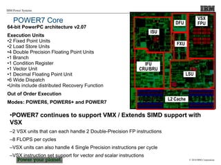 © 2010 IBM Corporation
IBM Power Systems
POWER7 Core
64-bit PowerPC architecture v2.07
Execution Units
•2 Fixed Point Units
•2 Load Store Units
•4 Double Precision Floating Point Units
•1 Branch
•1 Condition Register
•1 Vector Unit
•1 Decimal Floating Point Unit
•6 Wide Dispatch
•Units include distributed Recovery Function
Out of Order Execution
Modes: POWER6, POWER6+ and POWER7
L2 Cache
IFU
CRU/BRU
ISU
DFU
FXU
VSX
FPU
LSU
•POWER7 continues to support VMX / Extends SIMD support with
VSX
–2 VSX units that can each handle 2 Double-Precision FP instructions
–8 FLOPS per cycles
–VSX units can also handle 4 Single Precision instructions per cycle
–VSX instruction set support for vector and scalar instructions
 