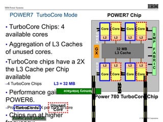 © 2010 IBM Corporation
IBM Power Systems
POWER7 TurboCore Mode
• TurboCore Chips: 4
available cores
• Aggregation of L3 Caches
of unused cores.
•TurboCore chips have a 2X
the L3 Cache per Chip
available
–4 TurboCore Chips L3 = 32 MB
• Performance gain over
POWER6.
–Provides up to 1.5X per core to core
• Chips run at higher
Unused
Core
TurboCores
Core
L2
Core
L2
Memory
Interface
Core
L2
Core
L2
Core
L2
Core
L2
Core
L2
Core
L2
G
X
S
M
P
F
A
B
R
I
C
P
O
W
E
R
B
U
S
32 MB
L3 Cache
POWER7 Chip
Power 780 TurboCore Chip
 