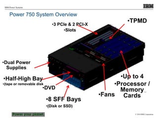 © 2010 IBM Corporation
IBM Power Systems
Power 750 System Overview
•8 SFF Bays
•(Disk or SSD)
•Dual Power
Supplies
•Half-High Bay
•(tape or removable disk
•Up to 4
•Processor /
Memory
Cards
•3 PCIe & 2 PCI-X
•Slots
•Fans
•TPMD
•DVD
 
