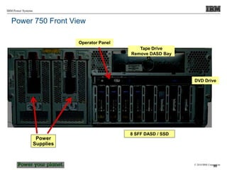 © 2010 IBM Corporation
IBM Power Systems
55
Power
Supplies
Tape Drive
Remove DASD Bay
DVD Drive
Operator Panel
8 SFF DASD / SSD
Power 750 Front View
 