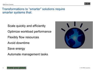 © 2010 IBM Corporation
IBM Power Systems
6
Transformations to “smarter” solutions require
smarter systems that:
Scale quickly and efficiently
Optimize workload performance
Flexibly flow resources
Avoid downtime
Save energy
Automate management tasks
 