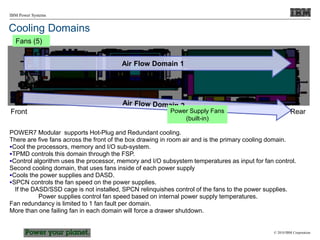© 2010 IBM Corporation
IBM Power Systems
Cooling Domains
Air Flow Domain 1
Fans (5)
Power Supply Fans
(built-in)
Front Rear
POWER7 Modular supports Hot-Plug and Redundant cooling.
There are five fans across the front of the box drawing in room air and is the primary cooling domain.
Cool the processors, memory and I/O sub-system.
TPMD controls this domain through the FSP.
Control algorithm uses the processor, memory and I/O subsystem temperatures as input for fan control.
Second cooling domain, that uses fans inside of each power supply
Cools the power supplies and DASD.
SPCN controls the fan speed on the power supplies.
If the DASD/SSD cage is not installed, SPCN relinquishes control of the fans to the power supplies.
Power supplies control fan speed based on internal power supply temperatures.
Fan redundancy is limited to 1 fan fault per domain.
More than one failing fan in each domain will force a drawer shutdown.
 