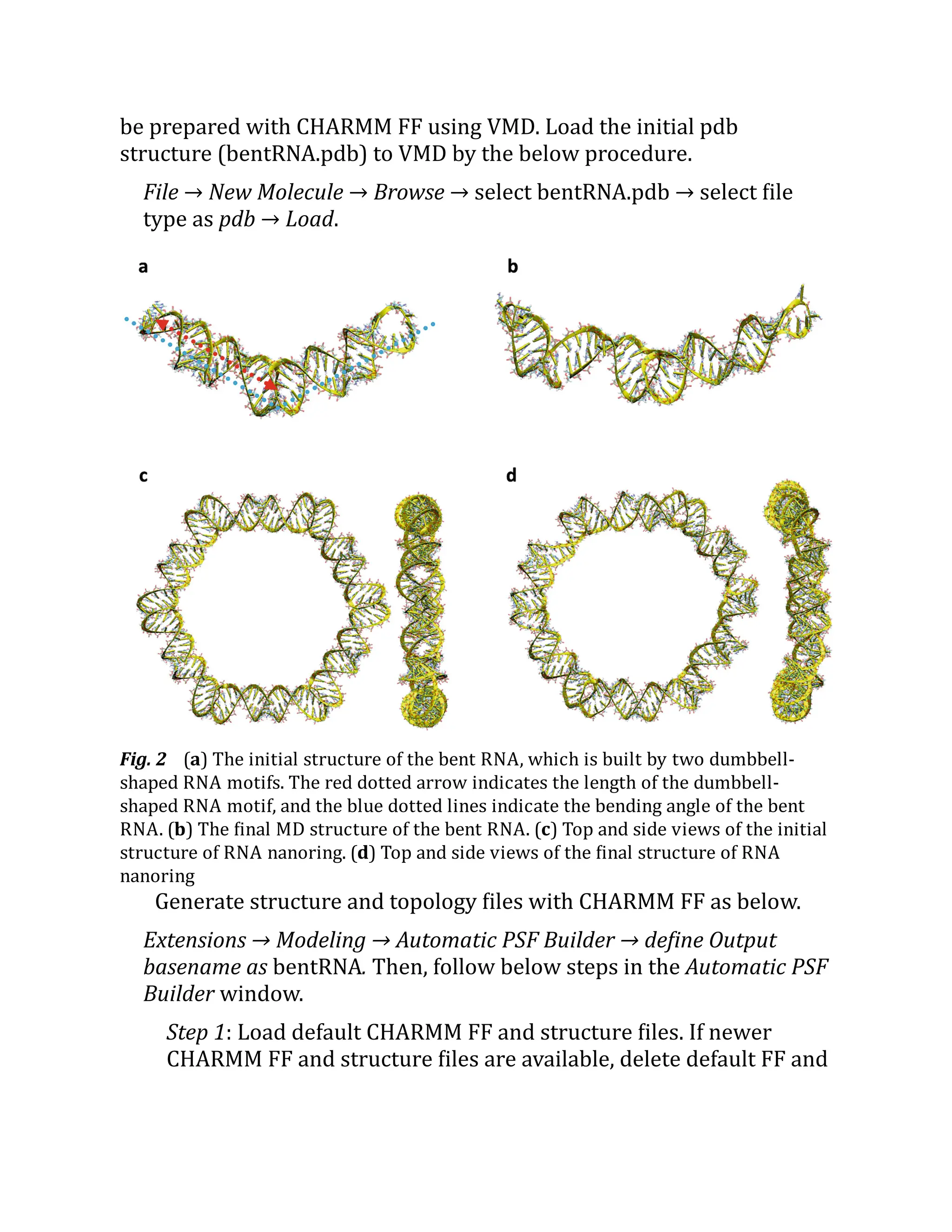 be prepared with CHARMM FF using VMD. Load the initial pdb
structure (bentRNA.pdb) to VMD by the below procedure.
File → New Molecule → Browse → select bentRNA.pdb → select file
type as pdb → Load.
Fig. 2 (a) The initial structure of the bent RNA, which is built by two dumbbell-
shaped RNA motifs. The red dotted arrow indicates the length of the dumbbell-
shaped RNA motif, and the blue dotted lines indicate the bending angle of the bent
RNA. (b) The final MD structure of the bent RNA. (c) Top and side views of the initial
structure of RNA nanoring. (d) Top and side views of the final structure of RNA
nanoring
Generate structure and topology files with CHARMM FF as below.
Extensions → Modeling → Automatic PSF Builder → define Output
basename as bentRNA. Then, follow below steps in the Automatic PSF
Builder window.
Step 1: Load default CHARMM FF and structure files. If newer
CHARMM FF and structure files are available, delete default FF and
 
