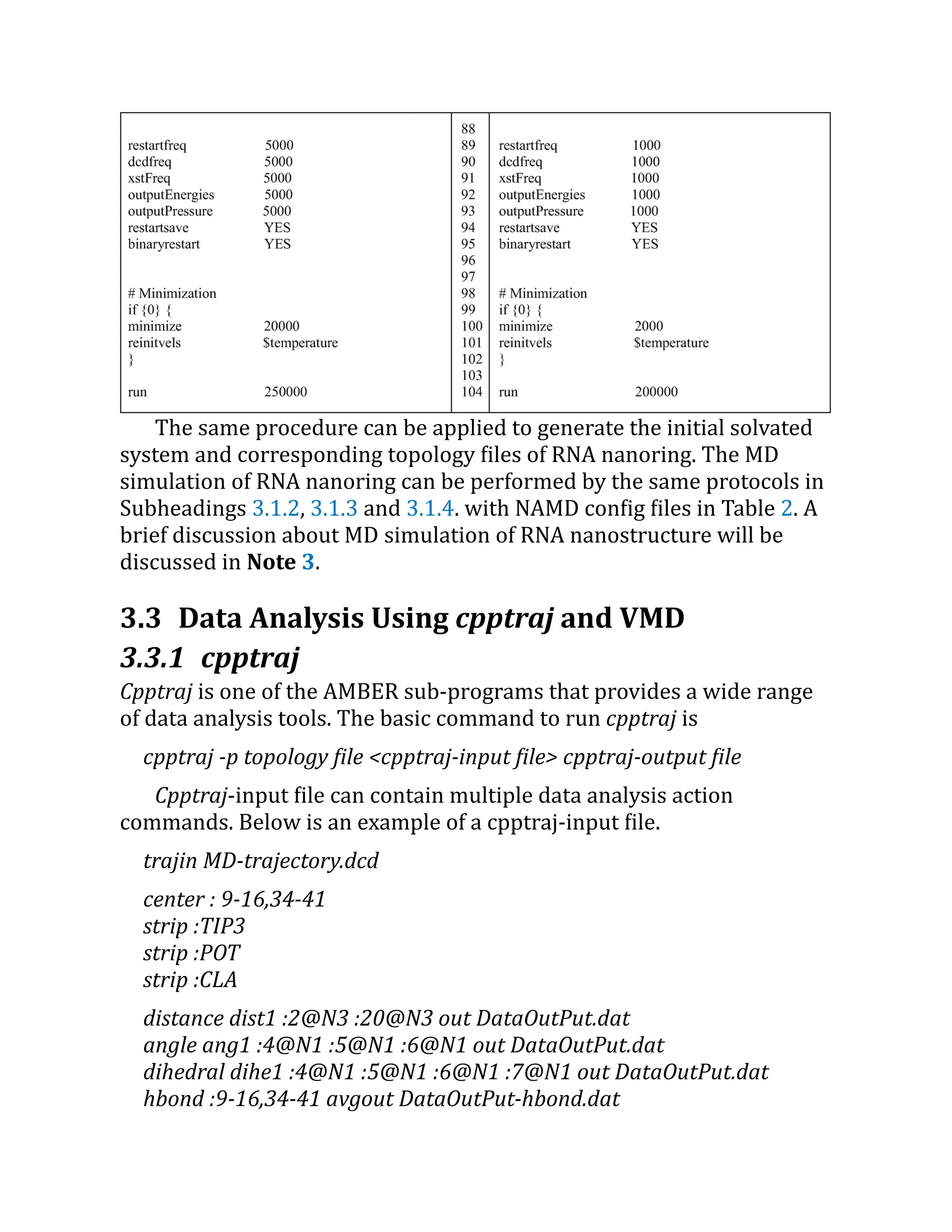The same procedure can be applied to generate the initial solvated
system and corresponding topology files of RNA nanoring. The MD
simulation of RNA nanoring can be performed by the same protocols in
Subheadings 3.1.2, 3.1.3 and 3.1.4. with NAMD config files in Table 2. A
brief discussion about MD simulation of RNA nanostructure will be
discussed in Note 3.
3.3 Data Analysis Using cpptraj and VMD
3.3.1 cpptraj
Cpptraj is one of the AMBER sub-programs that provides a wide range
of data analysis tools. The basic command to run cpptraj is
cpptraj -p topology file <cpptraj-input file> cpptraj-output file
Cpptraj-input file can contain multiple data analysis action
commands. Below is an example of a cpptraj-input file.
trajin MD-trajectory.dcd
center : 9-16,34-41
strip :TIP3
strip :POT
strip :CLA
distance dist1 :2@N3 :20@N3 out DataOutPut.dat
angle ang1 :4@N1 :5@N1 :6@N1 out DataOutPut.dat
dihedral dihe1 :4@N1 :5@N1 :6@N1 :7@N1 out DataOutPut.dat
hbond :9-16,34-41 avgout DataOutPut-hbond.dat
 